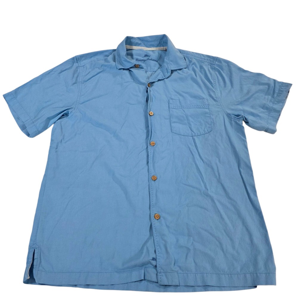 Tommy Bahama Mens Button Up Shirt Blue M Short Sleeve Chest Pocket Stretch Slit